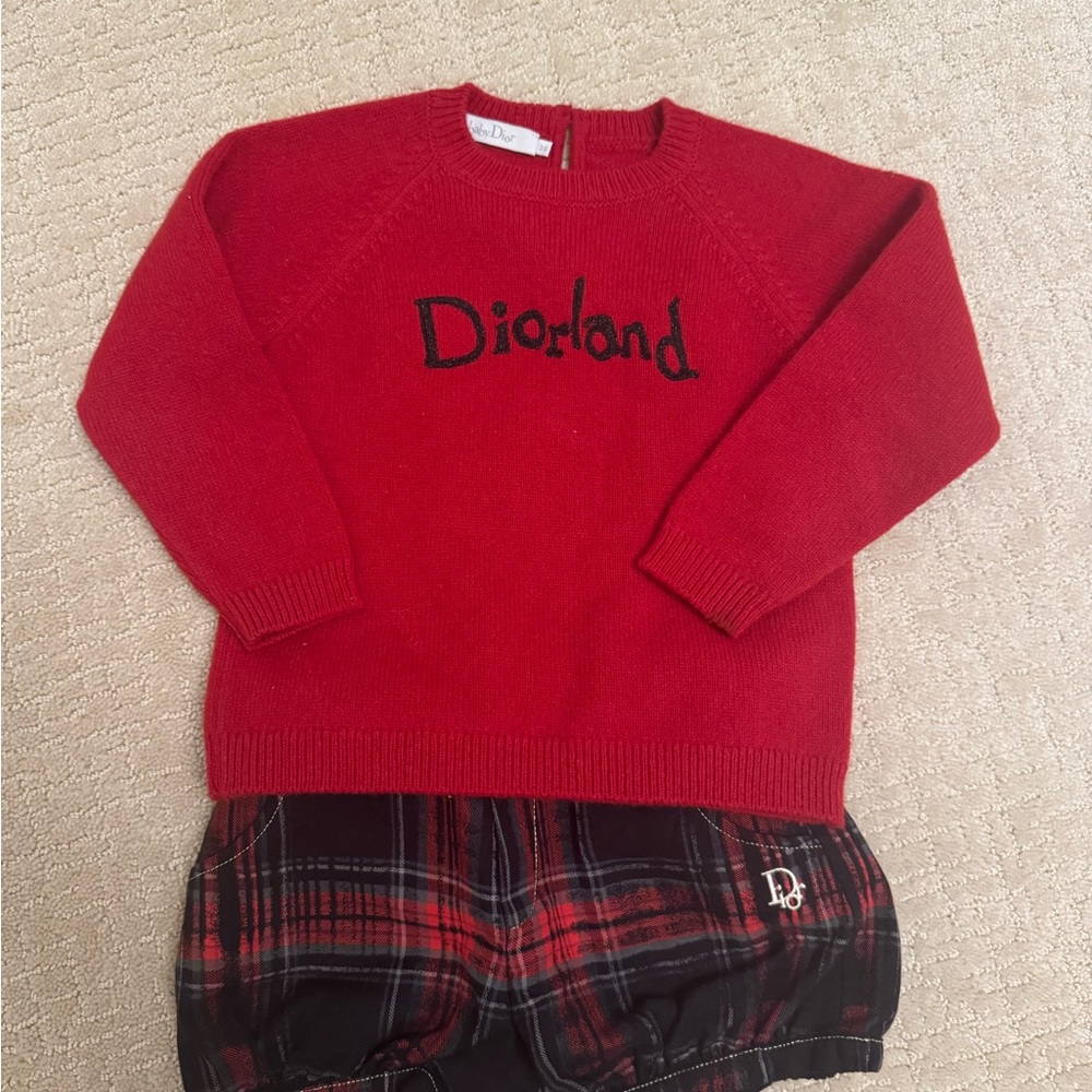 Baby Dior Diorland Red Sweater and Plaid Shorts Set in size 36 month